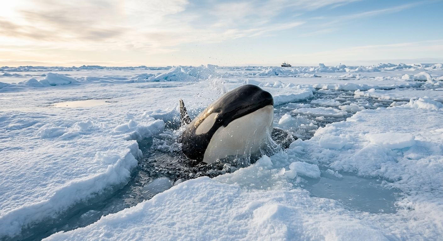 An orca surfacing through a break in the arctic ice